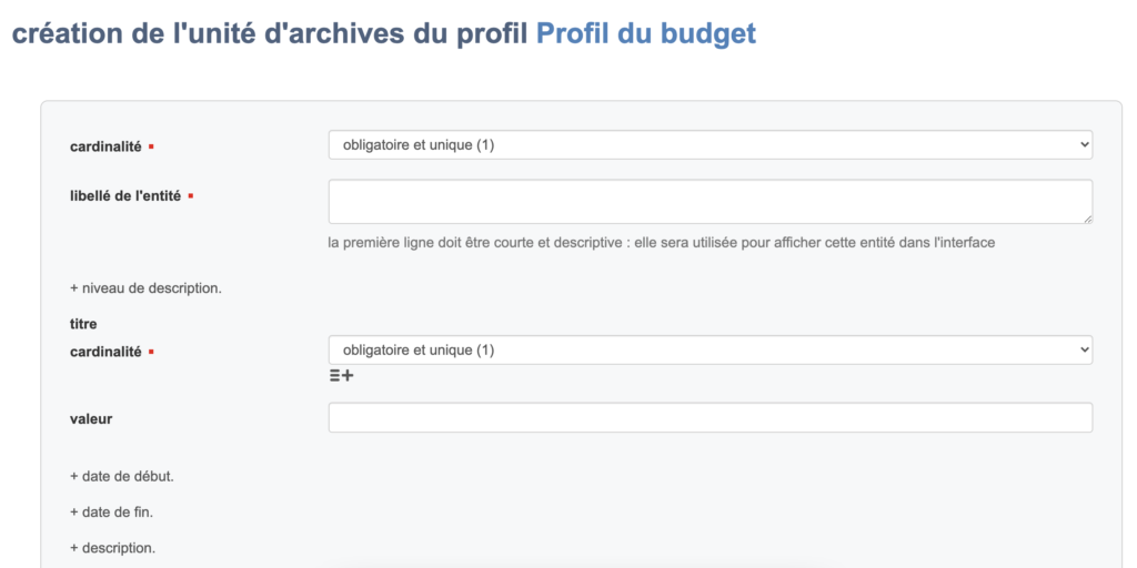 Formulaire d'une unité d'archives