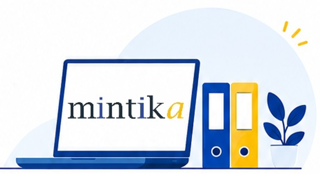 Illustration : ordinateur affichant le logo mintika, classeurs d'archives et plante verte